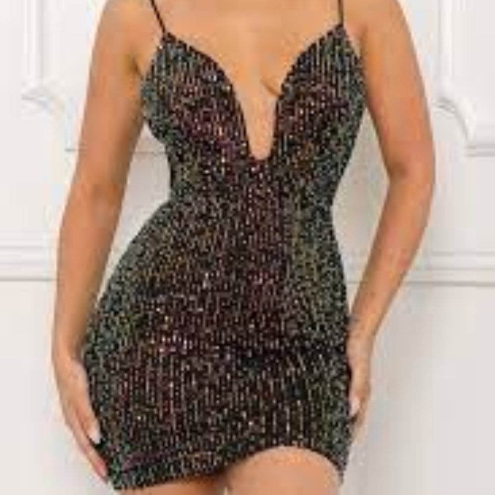 SYMPHONY  SEQUIN DEEP PLUNGE TIE BACK SLEEVELESS MINI DRESS/M